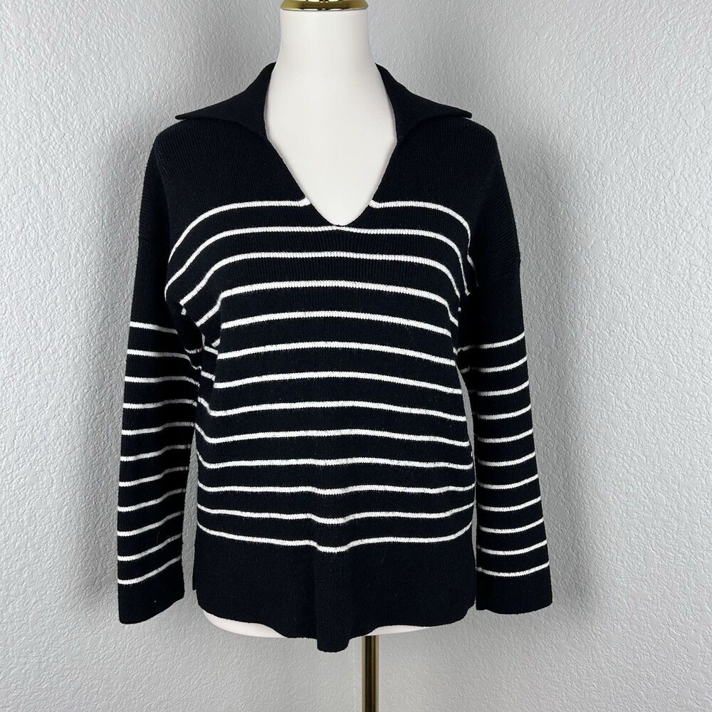 Philosophy Women's Split Neck Collar Striped Sweater Black Size M